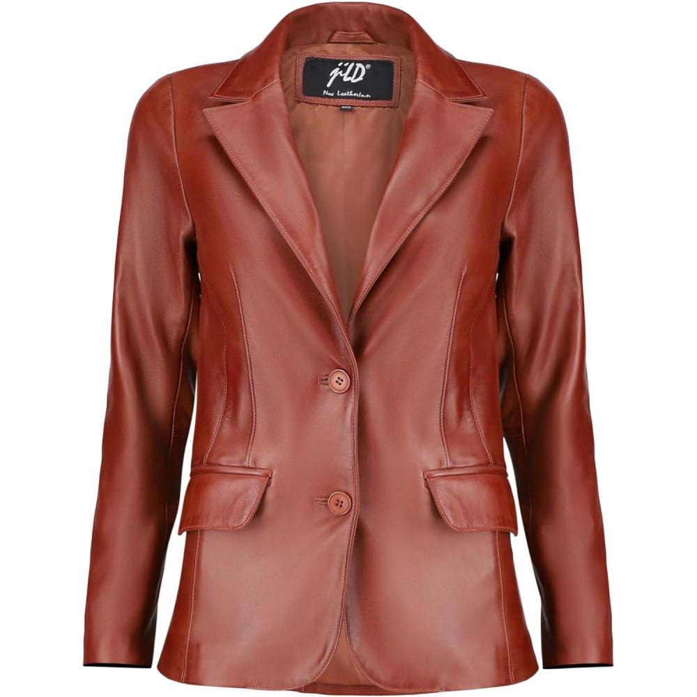 imageJild Classic 2Button Lambskin Leather Blazer Women Casual Coat Long Sleeves Suit Style Leather Jacket WomenTan