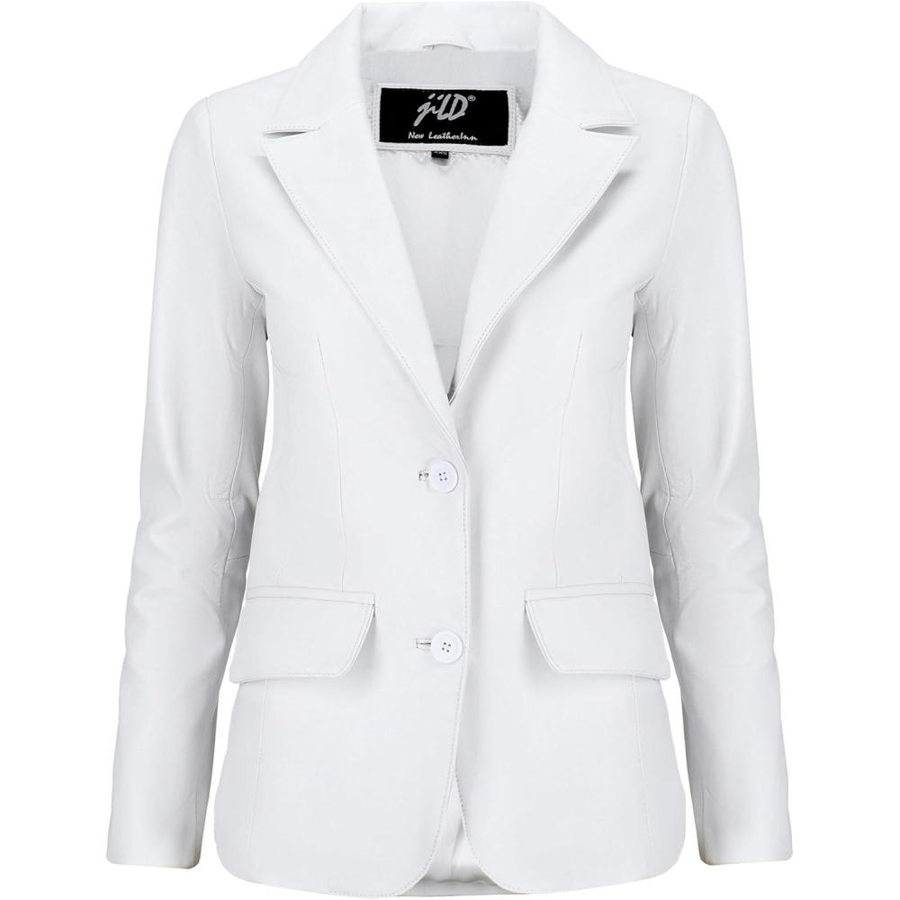 imageJild Classic 2Button Lambskin Leather Blazer Women Casual Coat Long Sleeves Suit Style Leather Jacket WomenWhite