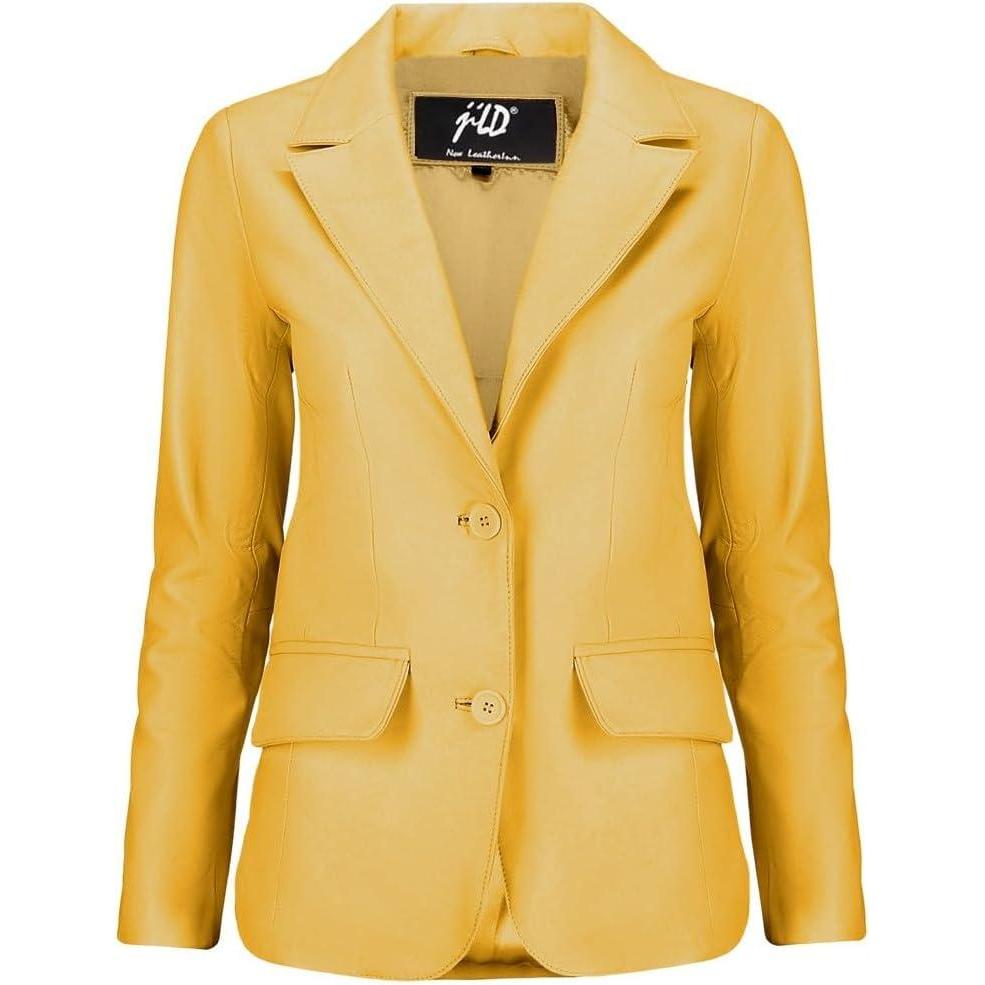 imageJild Classic 2Button Lambskin Leather Blazer Women Casual Coat Long Sleeves Suit Style Leather Jacket WomenYellow