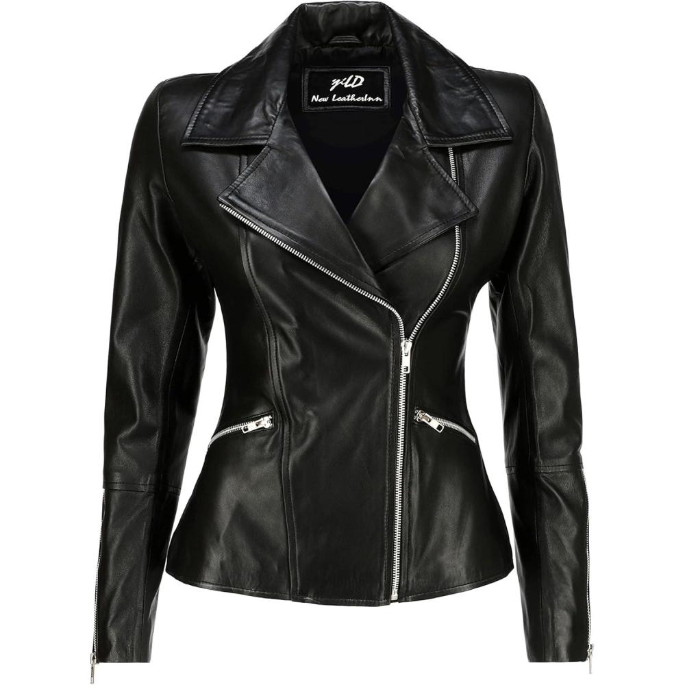 imageJild Womens Asymmetrical ZipUp Real Lambskin Leather Motorcycle Jacket Casual Fashion Moto Biker Leather Jacket Women