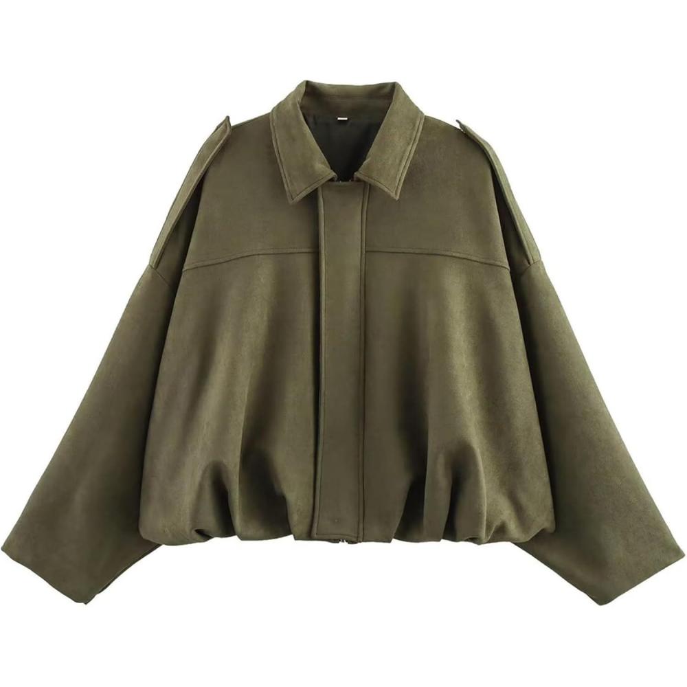 imageJoinQueen Faux Suede Jacket Women Oversized Long Sleeve Zip Up Epaulet Bomber Leather Jackets Oversized Casual CoatArmygreen