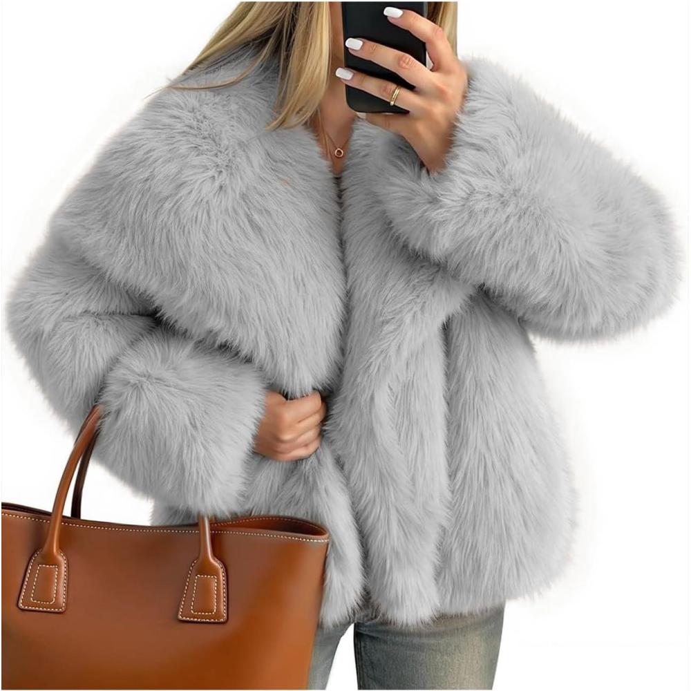 imageKissonic Women Faux Fur Coat Long Sleeve Lapel Open Front Shaggy Furry Jacket Warm Fluffy Short OutwearLightgrey