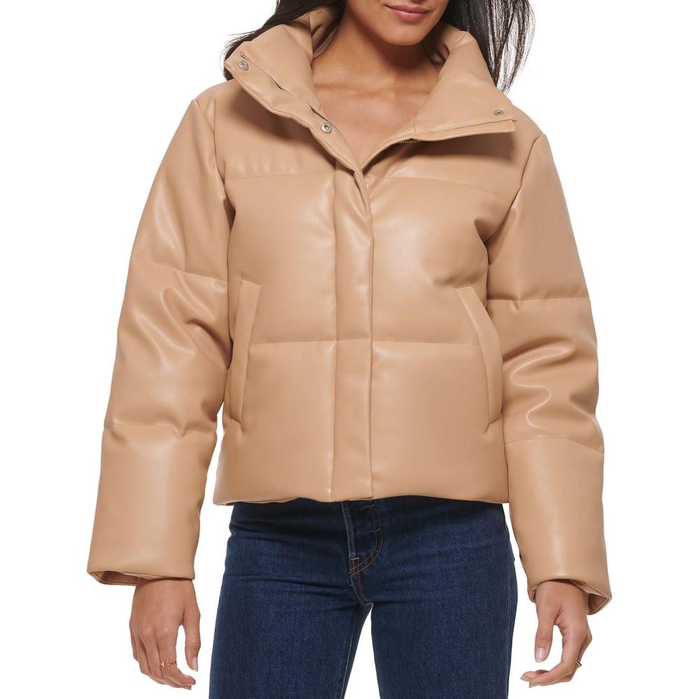 imageLevis Womens Vegan Leather Quilted Short Puffer JacketBiscotti