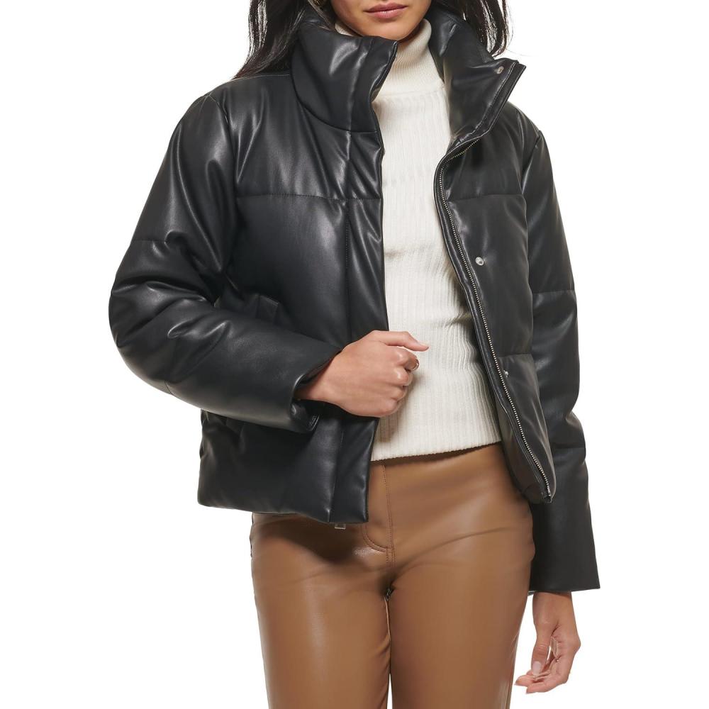 imageLevis Womens Vegan Leather Quilted Short Puffer JacketBlack
