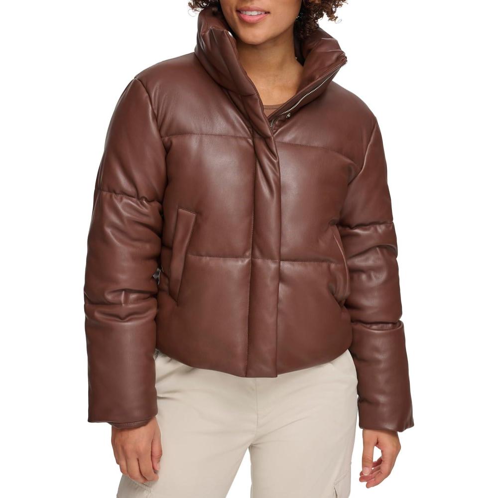 imageLevis Womens Vegan Leather Quilted Short Puffer JacketChocolate Brown