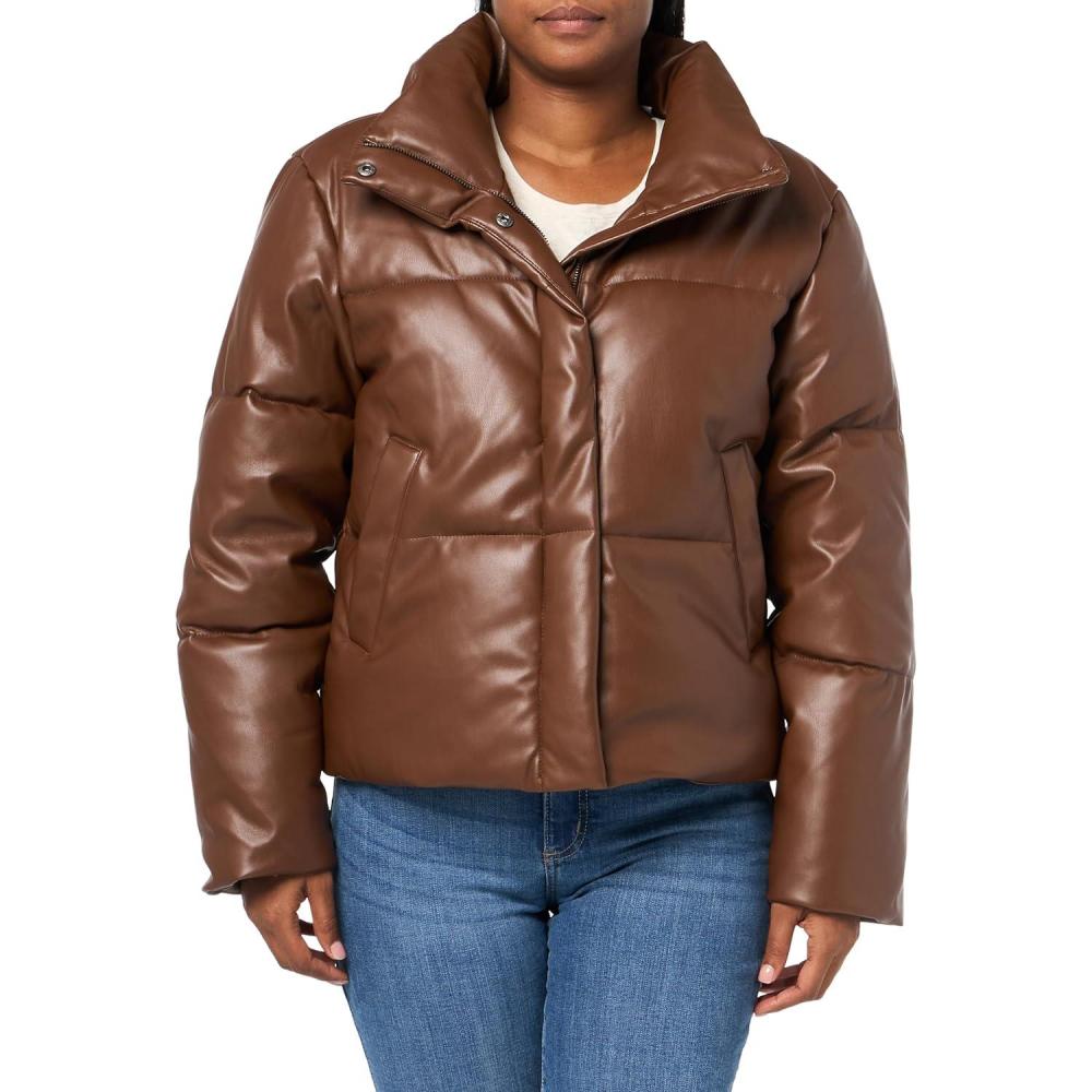 imageLevis Womens Vegan Leather Quilted Short Puffer JacketDark Brown
