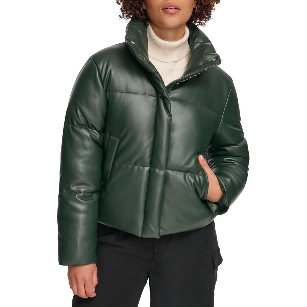 imageLevis Womens Vegan Leather Quilted Short Puffer JacketDarkest Spruce