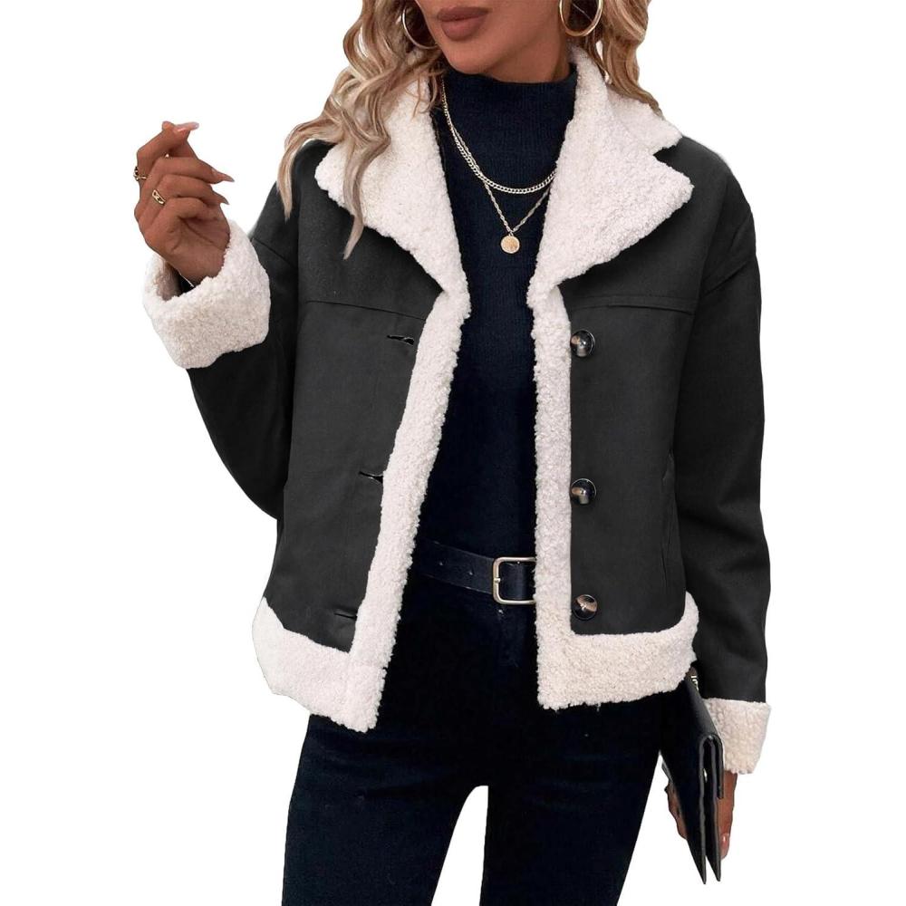 imageMina Self 2025 Winter Womens Faux Suede Sherpa Jacket Shearling Lined Fur Leather Warm Thick Fleece Fuzzy OuterwearBlack