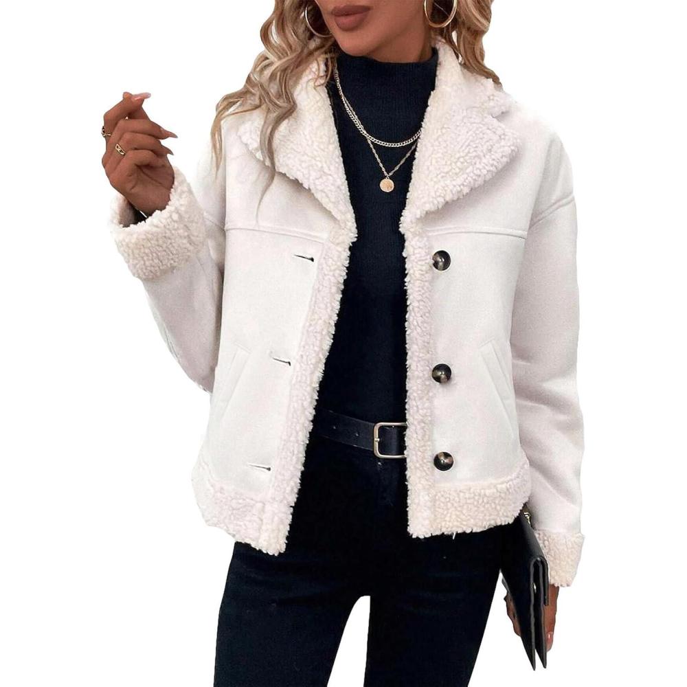 imageMina Self 2025 Winter Womens Faux Suede Sherpa Jacket Shearling Lined Fur Leather Warm Thick Fleece Fuzzy OuterwearWhite