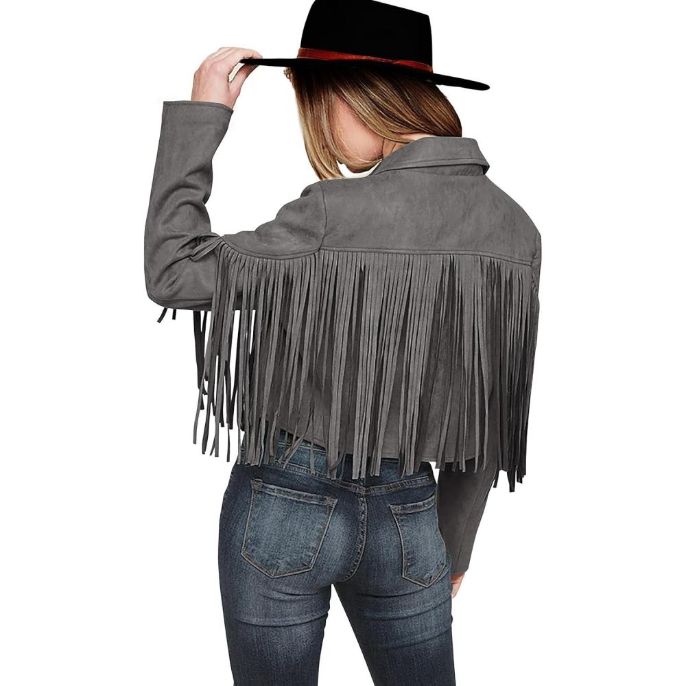 imagePRETTYGARDEN Womens Fringe Faux Suede Leather Jackets Fall Fashion 2026 Tassel Motorcycle Cropped CoatsSilver Grey