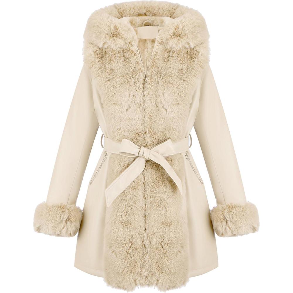 imageRISISSIDA Luxurious Women Winter Fur Lined Coat Leather Jacket with Hooded Long Fur Collar Thick Warm Heavy Overcoat BeltedBeige
