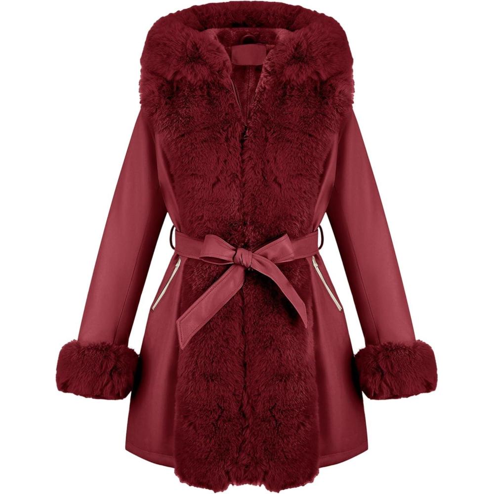 imageRISISSIDA Luxurious Women Winter Fur Lined Coat Leather Jacket with Hooded Long Fur Collar Thick Warm Heavy Overcoat BeltedBurgundy Wine