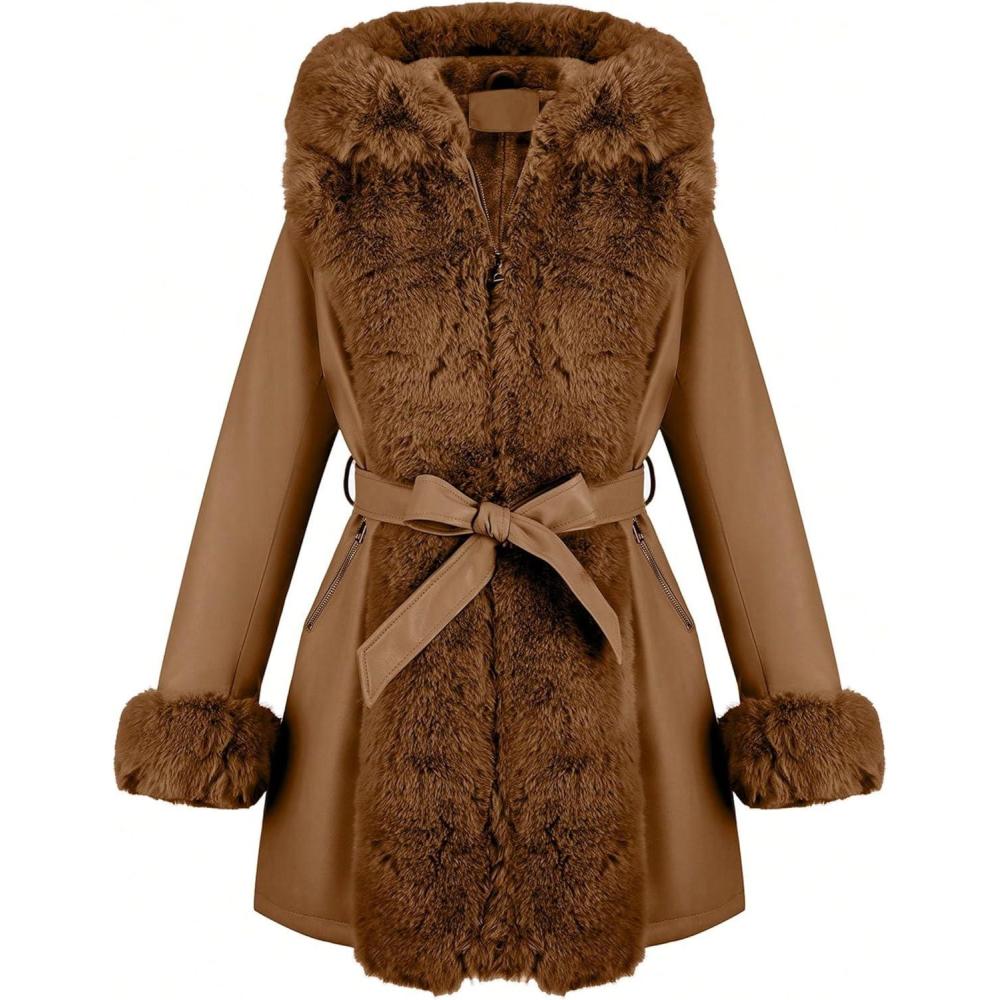 imageRISISSIDA Luxurious Women Winter Fur Lined Coat Leather Jacket with Hooded Long Fur Collar Thick Warm Heavy Overcoat BeltedCamel