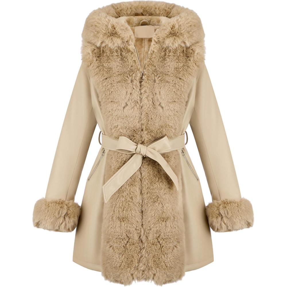 imageRISISSIDA Luxurious Women Winter Fur Lined Coat Leather Jacket with Hooded Long Fur Collar Thick Warm Heavy Overcoat BeltedKhaki