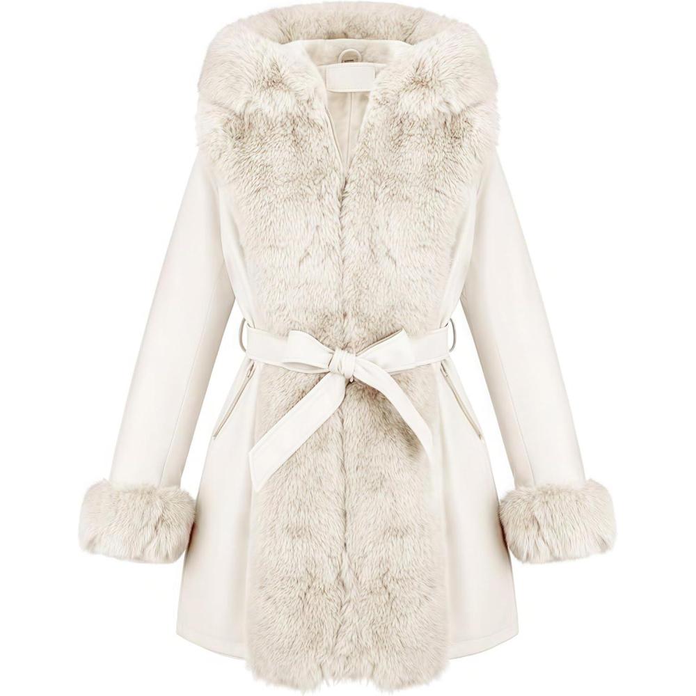 imageRISISSIDA Luxurious Women Winter Fur Lined Coat Leather Jacket with Hooded Long Fur Collar Thick Warm Heavy Overcoat BeltedWhite