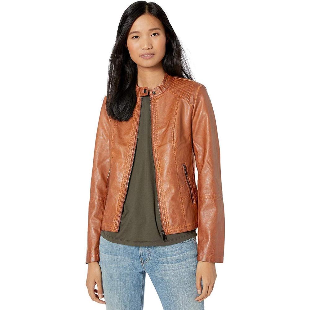 imageSebby Collection Womens Faux Leather Jacket with Moto Details and Front Zip PocketsAdobe