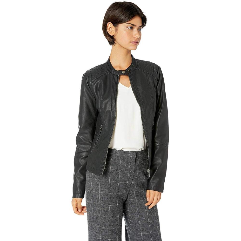 imageSebby Collection Womens Faux Leather Jacket with Moto Details and Front Zip PocketsBlack