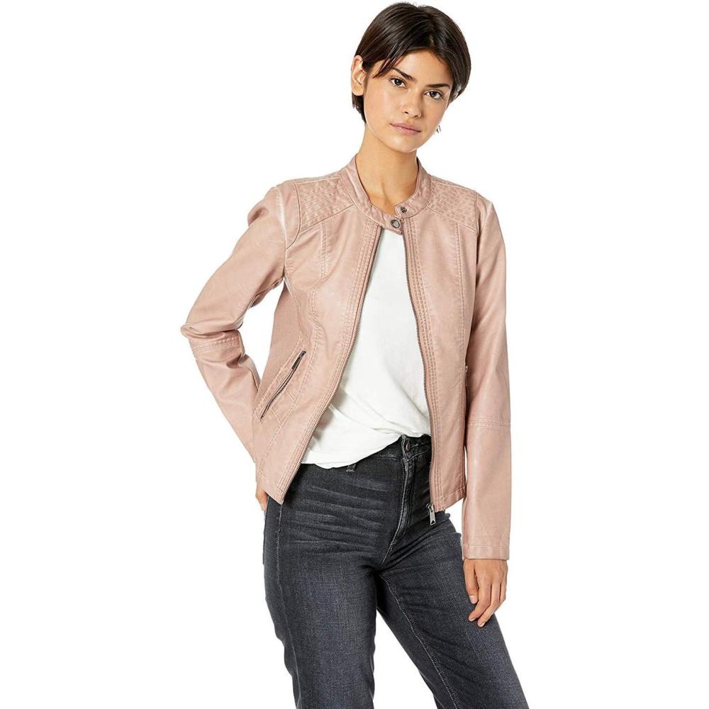 imageSebby Collection Womens Faux Leather Jacket with Moto Details and Front Zip PocketsBlush