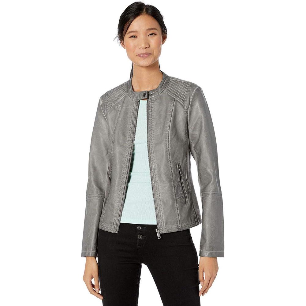 imageSebby Collection Womens Faux Leather Jacket with Moto Details and Front Zip PocketsLight Grey