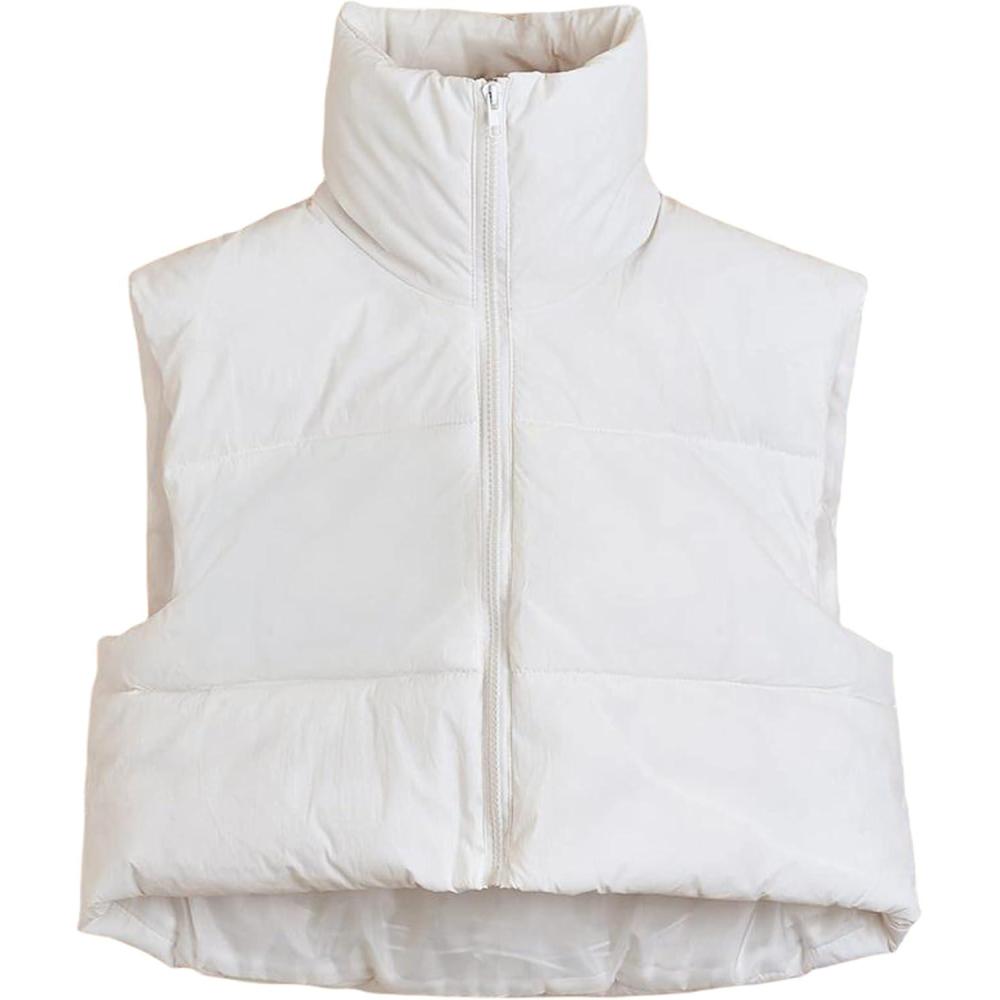imageUANEO Cropped Puffer Vest Women Zip Up Stand Collar Sleeveless Padded Crop Puffy VestsBeige