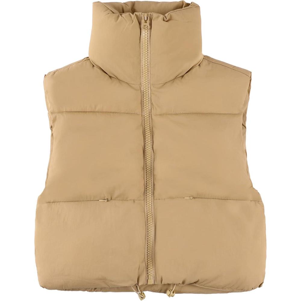 imageUANEO Cropped Puffer Vest Women Zip Up Stand Collar Sleeveless Padded Crop Puffy VestsKhaki