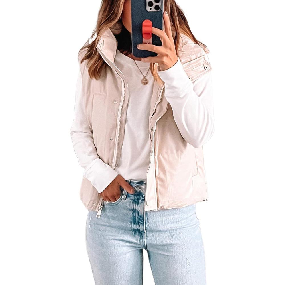 imageUANEO Womens PU Leather Cropped Puffer Vest Winter Faux Leather Zip Up Sleeveless JacketBeige