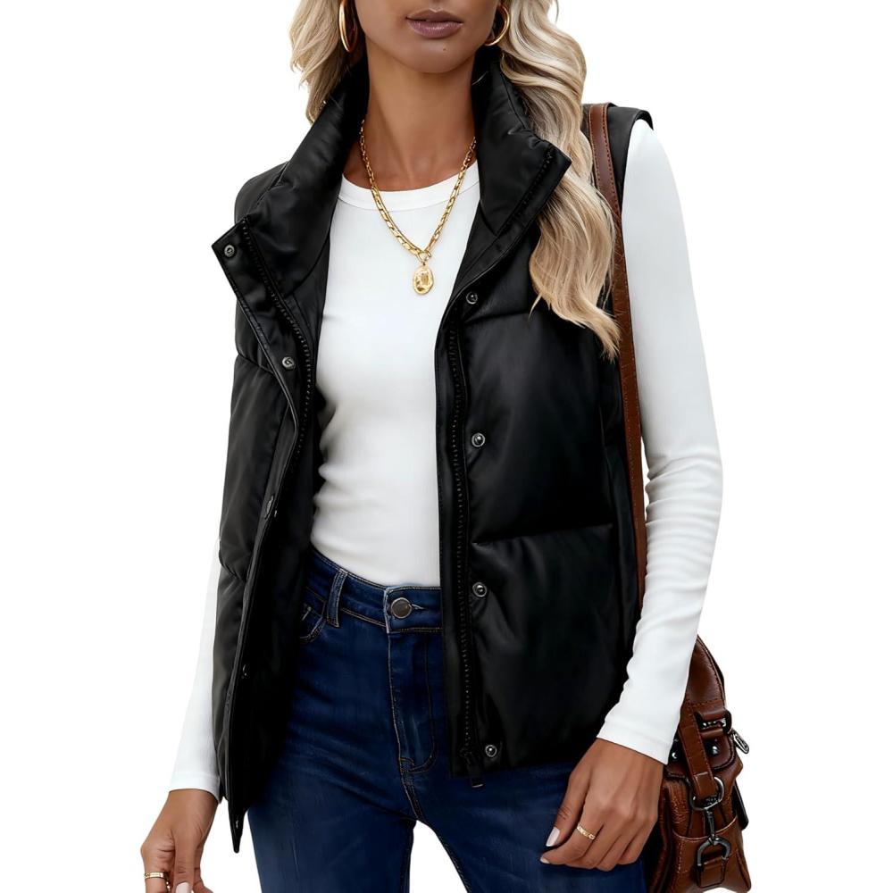 imageUANEO Womens PU Leather Cropped Puffer Vest Winter Faux Leather Zip Up Sleeveless JacketBlack