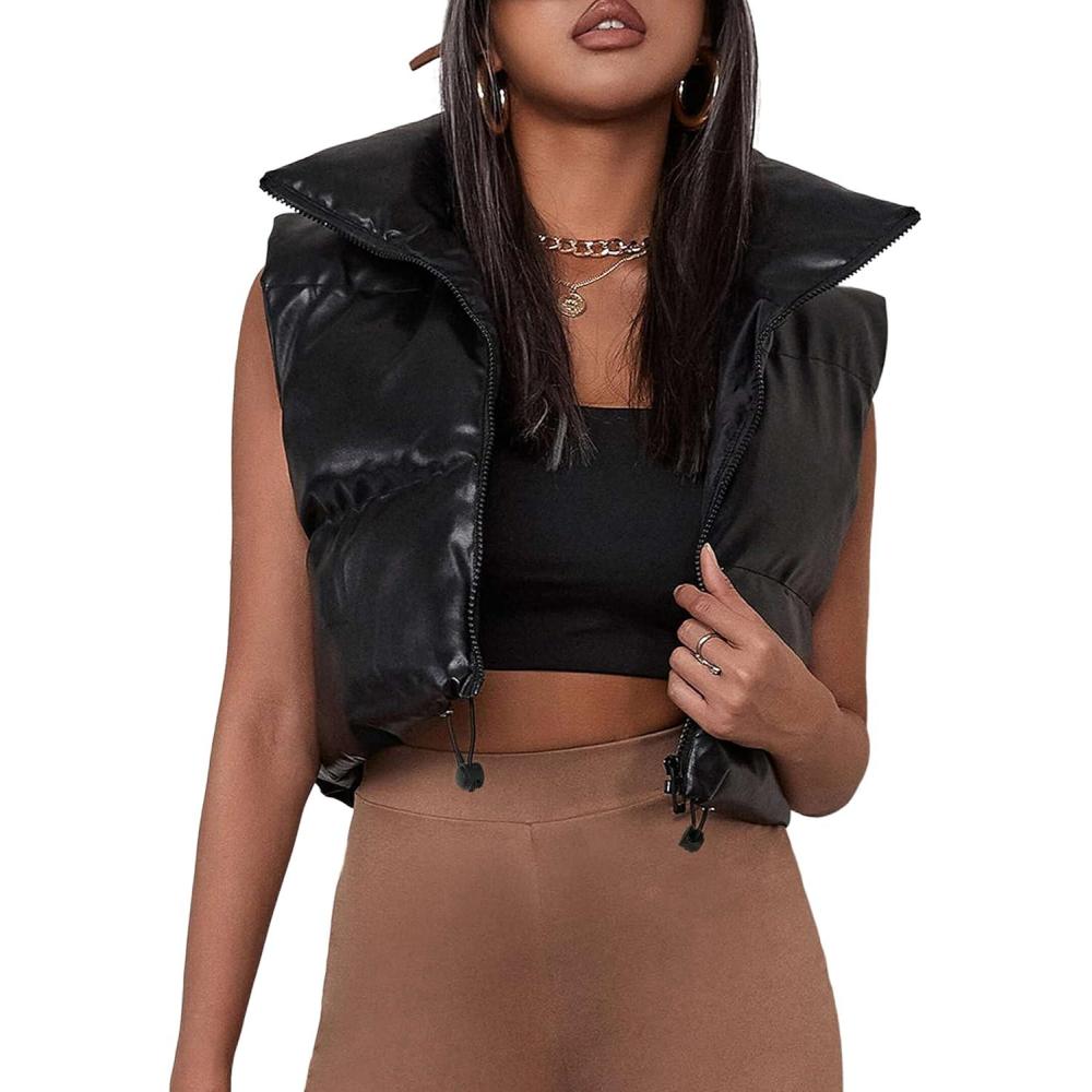 imageUANEO Womens PU Leather Cropped Puffer Vest Winter Faux Leather Zip Up Sleeveless JacketCropblack