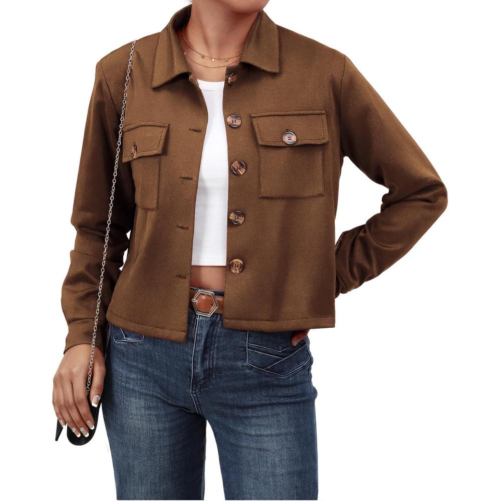 imageWaist Wow Womens Faux Suede Cropped Jacket Casual Button Down Fall Shacket Jackets Long Sleeve Outerwear CoatsDark Coffee