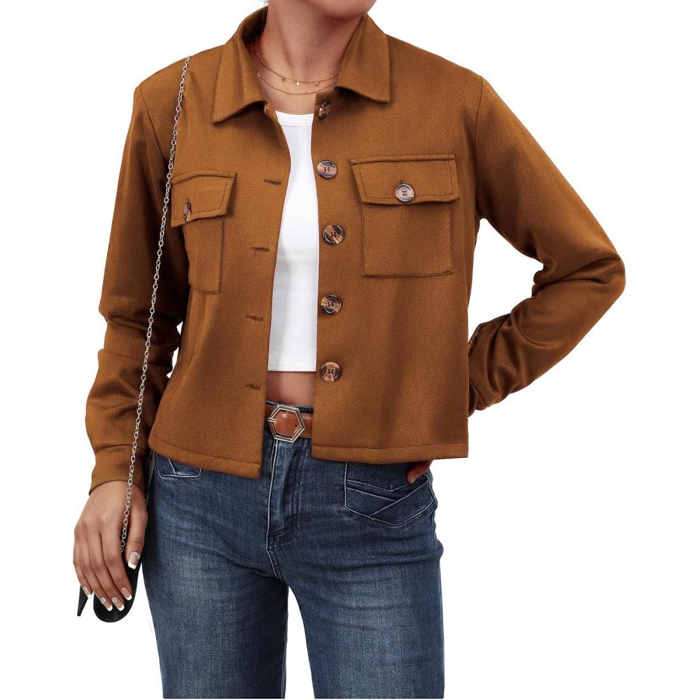 imageWaist Wow Womens Faux Suede Cropped Jacket Casual Button Down Fall Shacket Jackets Long Sleeve Outerwear CoatsLight Brown