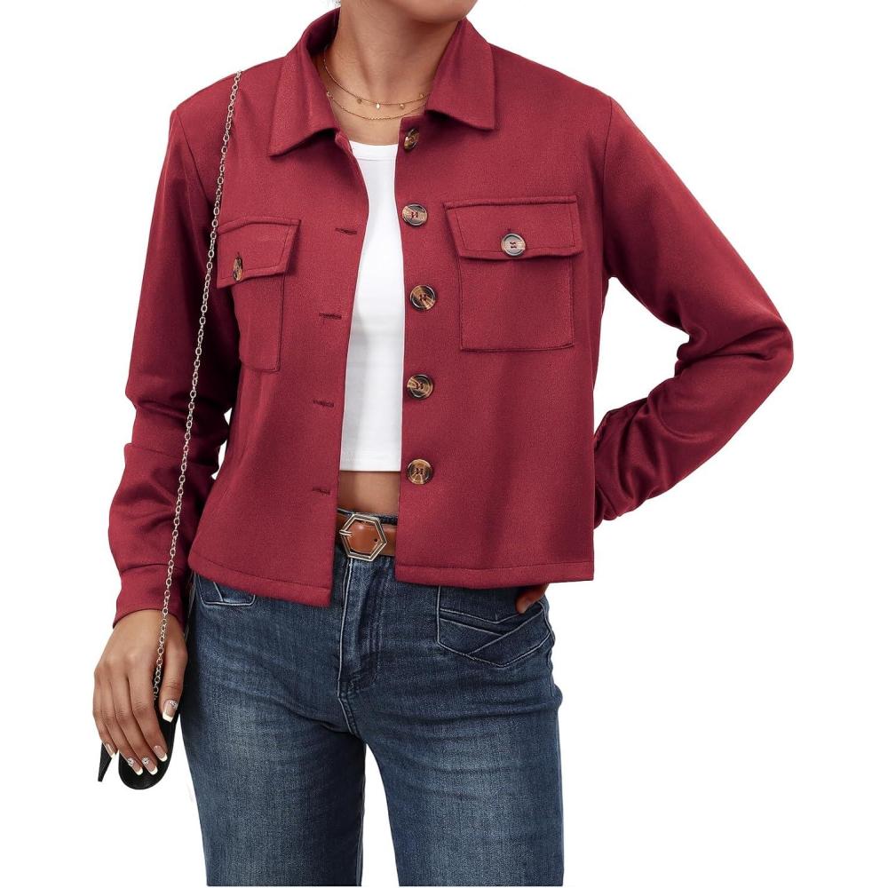 imageWaist Wow Womens Faux Suede Cropped Jacket Casual Button Down Fall Shacket Jackets Long Sleeve Outerwear CoatsWine Red