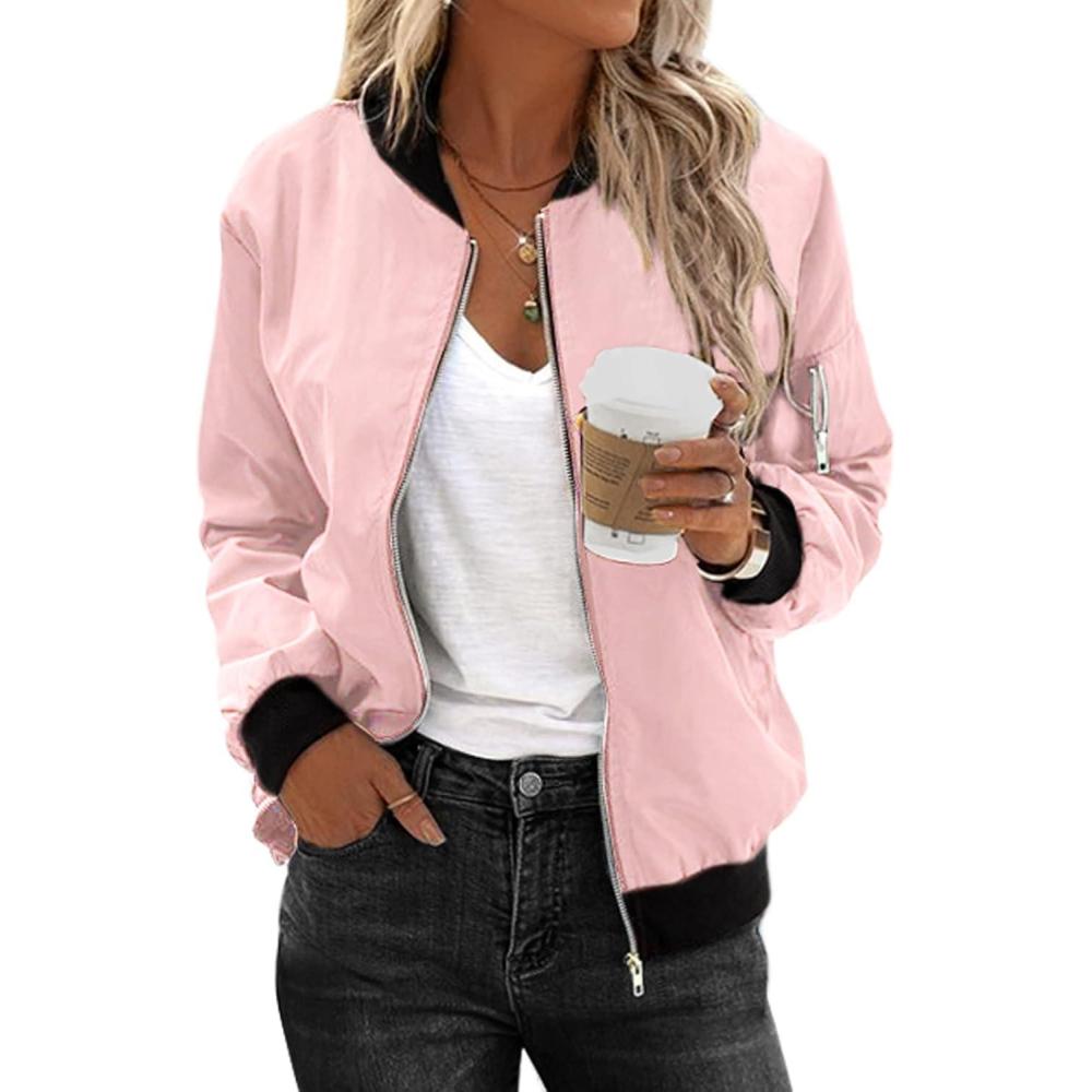imageZeagoo Womens Bomber Jacket Casual Coat Zip Up Spring Fall Clothes with Pockets SXXLApink