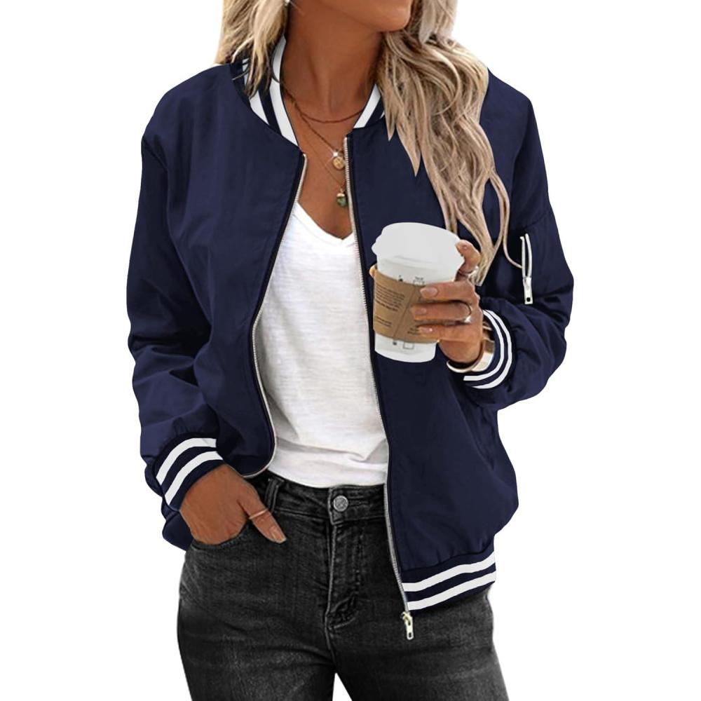 imageZeagoo Womens Bomber Jacket Casual Coat Zip Up Spring Fall Clothes with Pockets SXXLNavy Stripes