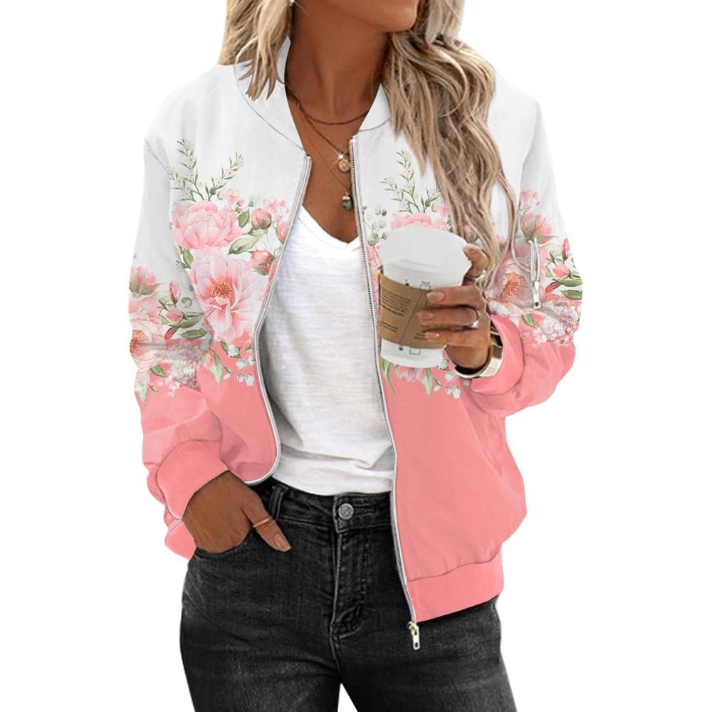 imageZeagoo Womens Bomber Jacket Casual Coat Zip Up Spring Fall Clothes with Pockets SXXLPink Print