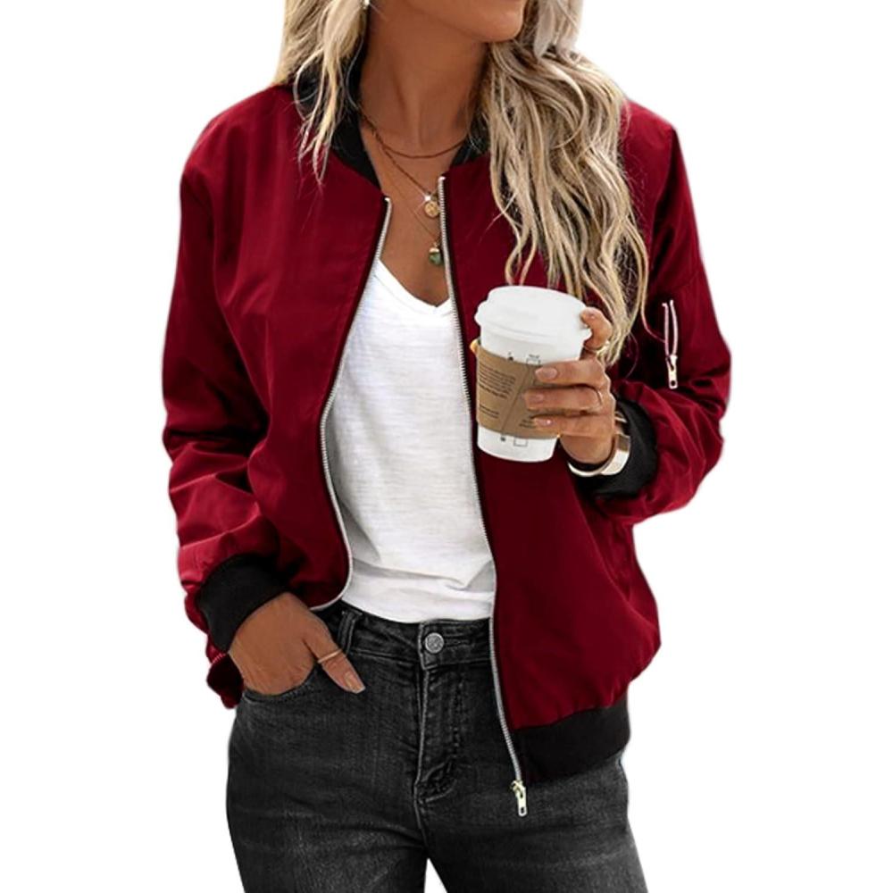 imageZeagoo Womens Bomber Jacket Casual Coat Zip Up Spring Fall Clothes with Pockets SXXLWine Red