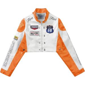 Aelfric Eden Cropped Leather Jacket Women PU Crop Moto Biker Racing Trendy Fashion Casual Coats(Orange)