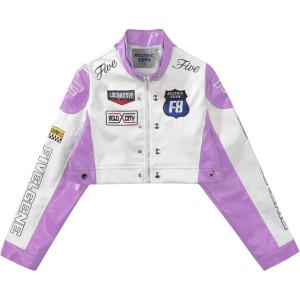 Aelfric Eden Cropped Leather Jacket Women PU Crop Moto Biker Racing Trendy Fashion Casual Coats(Purple)