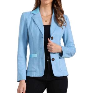 Allegra K Faux Suede Blazer for Women Lapel Collar Button Front Long Sleeve Jacket Casual Office Wear(Blue)