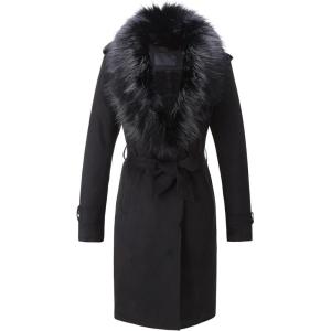 Bellivera Women Faux Leather Trench Coat Fleece-Lined Mid-length Jacket with Detachable Fur Collar(Black)