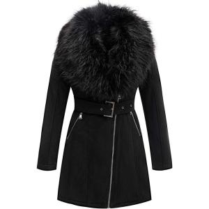 Bellivera Women Faux Leather Trench Coat Fleece-Lined Mid-length Jacket with Detachable Fur Collar(Black Tops)