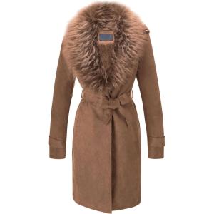Bellivera Women Faux Leather Trench Coat Fleece-Lined Mid-length Jacket with Detachable Fur Collar(Brown)
