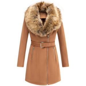 Bellivera Women Faux Leather Trench Coat Fleece-Lined Mid-length Jacket with Detachable Fur Collar(Camel Coat)