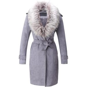 Bellivera Women Faux Leather Trench Coat Fleece-Lined Mid-length Jacket with Detachable Fur Collar(Grey)