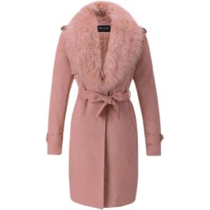 Bellivera Women Faux Leather Trench Coat Fleece-Lined Mid-length Jacket with Detachable Fur Collar(Pink)
