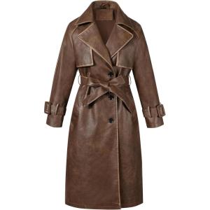 Bellivera Women Trench Coat Long Loose Jacket Faux PU Leather Oversize Classic Lapel Overcoat with Belt(Brown)