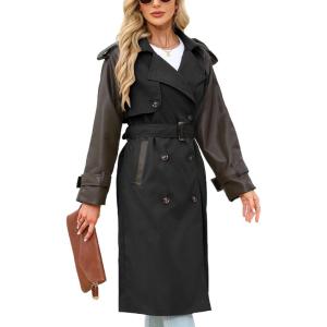 Bellivera Women Trench Coat Long Loose Jacket Faux PU Leather Oversize Classic Lapel Overcoat with Belt(Inky Black​​)