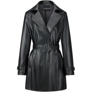 Bellivera Women Trench Coat Long Loose Jacket Faux PU Leather Oversize Classic Lapel Overcoat with Belt(​​dull Black​​)