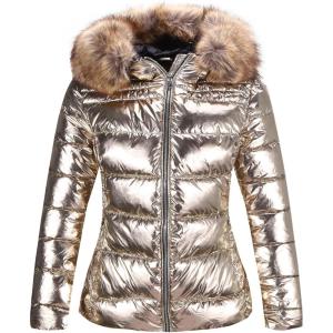 Bellivera Womens Lightweight Puffer Jacket, Winter Coats for Women Warm Quilted Bubble Padded Hood Coat with Faux Fur Collar(Gold)