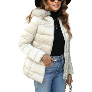 Bellivera Womens Lightweight Puffer Jacket, Winter Coats for Women Warm Quilted Bubble Padded Hood Coat with Faux Fur Collar(Khaki)