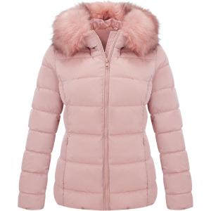 Bellivera Womens Lightweight Puffer Jacket, Winter Coats for Women Warm Quilted Bubble Padded Hood Coat with Faux Fur Collar(Pink)